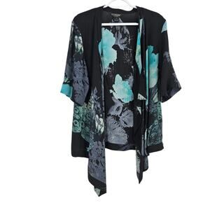 Citron Cardigan Green Black Silk Floral Draped Open Front Short Sleeve Size L